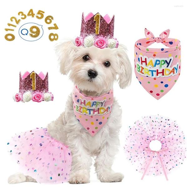Cão vestuário festa de aniversário suprimentos coroa chapéu com 0-8 números cachecol tutu saia conjunto animal de estimação para roupa de filhote de cachorro