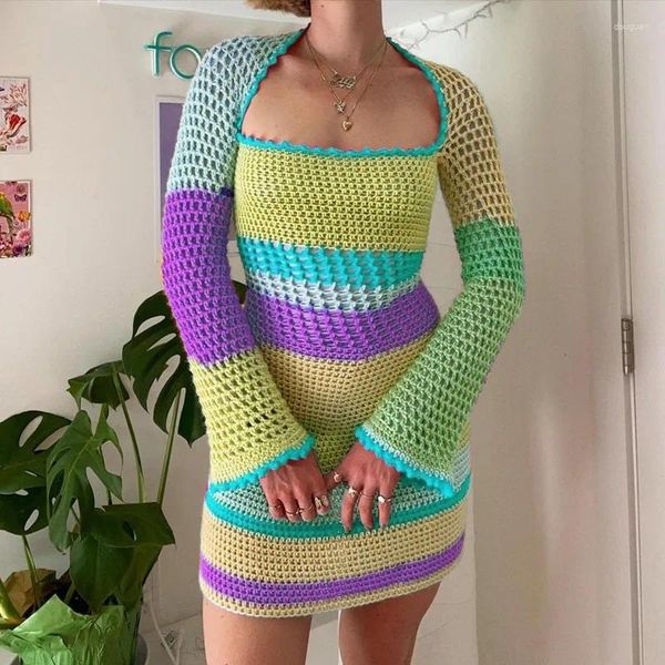 Casual Kleider Imcute Frauen Vintage Quadrat Häkeln Gestrickte Kleid Neckholder Aushöhlen Gestreiften Mini Mode Häkeln Streetwear