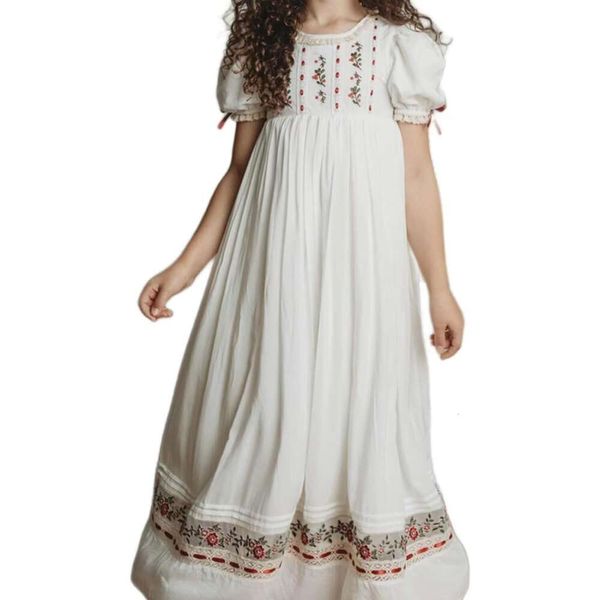 Adorabile vestito da ragazza con pizzo floreale ricamato, colletto a girocollo, maniche a sbuffo - Abbigliamento casual per bambini in cotone per occasioni speciali