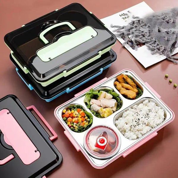 Essgeschirr, Edelstahl-Lunchbox, Essenszubereitungsbehälter, 5 Gitter, Metallboxen mit Griff