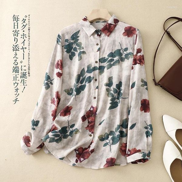 Blusas femininas 2024 chegada impressão floral fina luz manga longa algodão solto verão outono blusa camisas moda feminina casual primavera