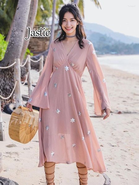 Abiti casual Jastie Abito estivo con scollo profondo a V Abito rosa con ricamo a stella Manica lunga da donna Elegante vacanza allentata per le donne 2024