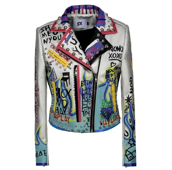 Sahte deri ceketler kadın hip hop renkli çivili perçin ceket yeni bahar sonbahar bayan motosiklet punk kırpılmış ceket y2872913489