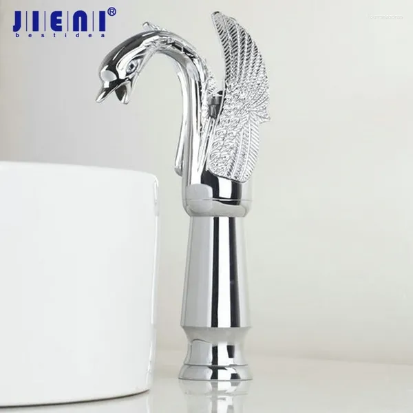 Torneiras de pia do banheiro JIENI Golden Banhado Swan Bathrooom Torneira Cachoeira Alta Chrome Polonês Deck Montado Lavatório Soild Brass Mixer Tap