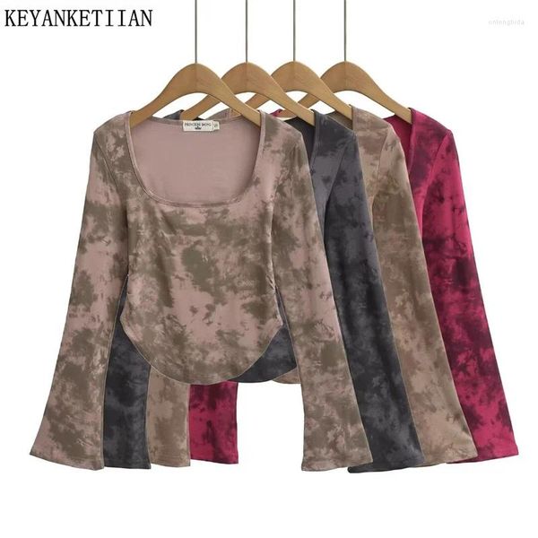 Damen T-Shirts KEYANKETIAN 2024 Launch Vintage Tie Dye Bedrucktes T-Shirt mit ausgestellten Ärmeln Frühling Slim Skinny Tees Crop Top Pullover