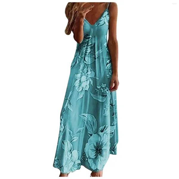 Abiti casual Donna Boho Floral Maxi Dress Party Strappy Summer Beach Holiday Spaghetti Strap Canotta Baggy Long Robe Plus Size