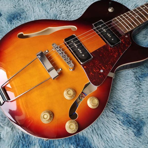 Sıcak kekler gibi gitar sat! ES 140 3/4 küçük boyutlu kısa ölçekli retro güneş patlaması yarı içi boş vücut elektro gitar siyah p90 pikap, metal