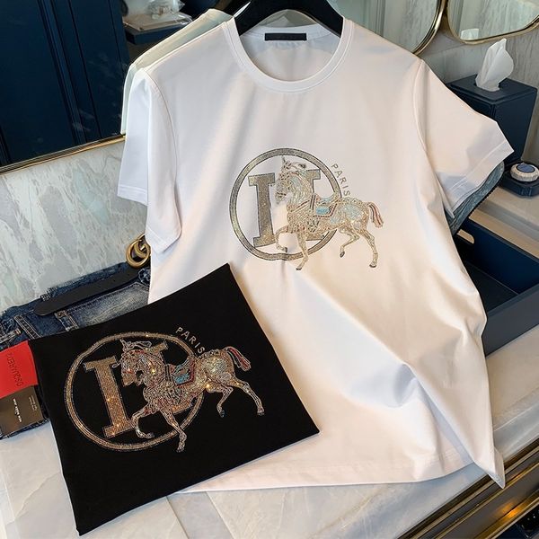 T-shirt mezza manica da uomo con strass girocollo in cotone pettinato estivo da uomo manica corta con diamante incastonato marchio di moda europeo