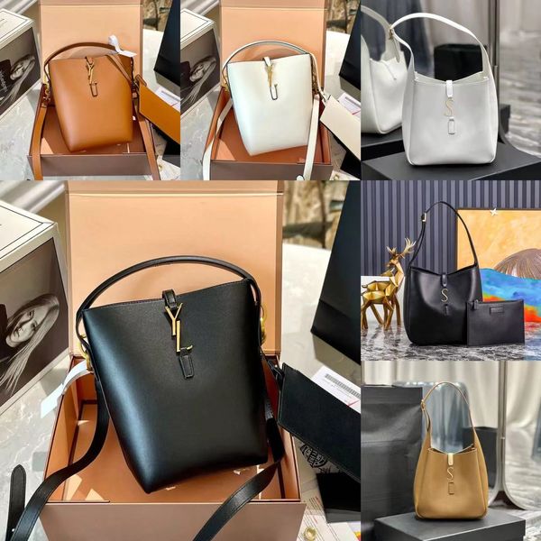 Tasarımcı LE 57 Omuz Çantası Crossbody 37 Debriyaj Kova Metal Mektup Hook Tepe İnek Deri Kadın Siyah Beyaz Kahverengi Çanta