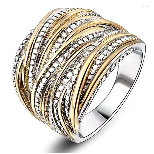Anelli a grappolo Doppio anello geometrico color oro avvolto in zirconi intarsiati di moda adatto per accessori di gioielli per feste da donna