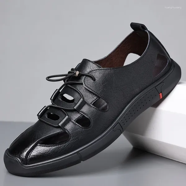 Sapatos casuais de verão sandália masculina oco para fora sandálias de couro macio respirável antiderrapante apartamentos fundo artesanal maré design calçado