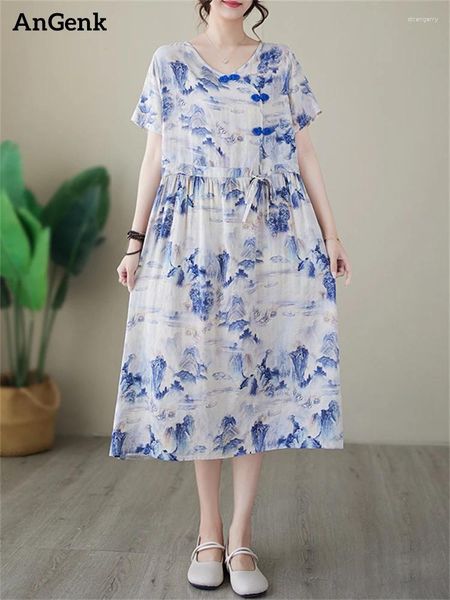 Бальные платья, летние хлопковые длинные платья с v-образным вырезом и винтажным принтом для женщин, 2024, повседневное дышащее художественное платье, офисная женская рабочая элегантная одежда