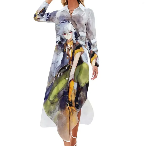 Lässige Kleider Genshin Impact Kleid Razor Anime Print Ästhetische Langarm Festival Frauen V-Ausschnitt Benutzerdefinierte Übergroße Chiffon