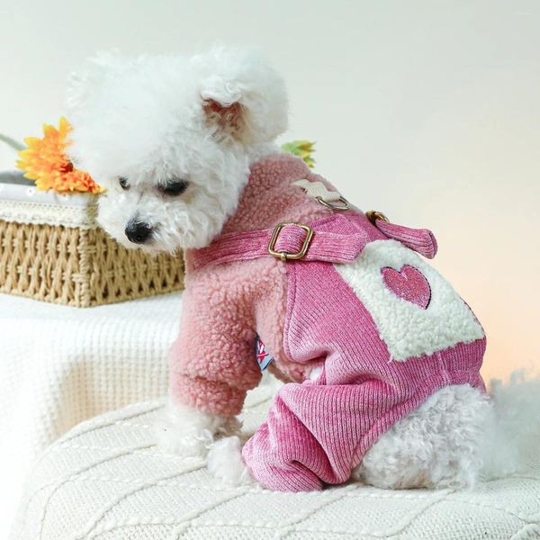 Cão vestuário amor pele inverno geral para cães rosa arnês jaqueta com calças de veludo shih tzu yorkies quente roupas para animais de estimação macacão