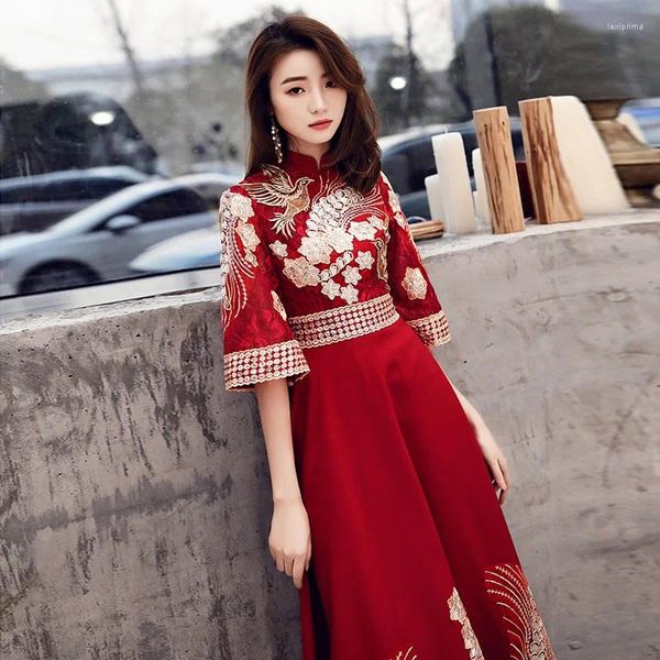 Etnik Giyim Kadın Vintage Burgundy Elbise Çin Gelin Gelinlikleri Artı Boyut 3xl 4xl 5xl Qipao Mandarin Yakası Yenilik Cheongsam