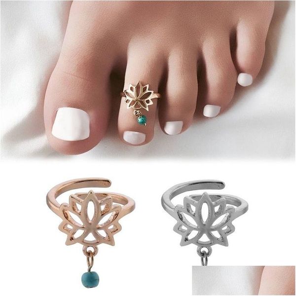 Anéis de banda flor de lótus turquesa ajustável toe anel aberto pé dedo jóias acessórios presente entrega gota otju2