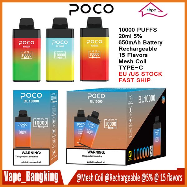 Armazém dos EUA Original 10000 baforadas Vape Descartável Poco BL10000 Cigarro Eletrônico Caneta Vape Recarregável Fluxo de Ar Ajustável 20ML Dispositivo de 15 Cores