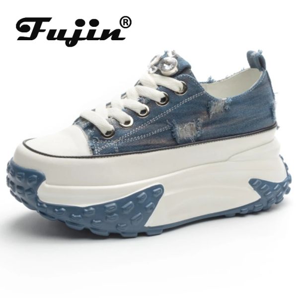 Scarpe fujin 6cm denim vera piattaforma in pelle vera scarpe a cuneo a cuneo sneaker casual casual di marca ad alta marca strass primavera bling scarpe autunnali