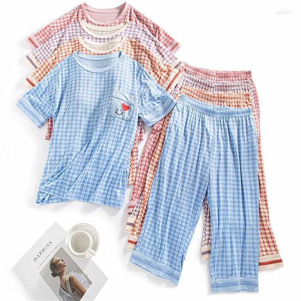 Startseite Kleidung Modal Damen Sommerpyjama Mode Kurzarm Caprihose Set Brustpolster Nachtwäsche Nachtwäsche Anzug Pyjamas Dames