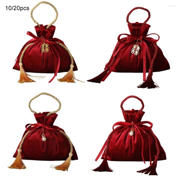 Envoltório de presente 10/20pcs estilo chinês vermelho veludo saco de doces flanela criativo sacos portáteis cordão para casamento