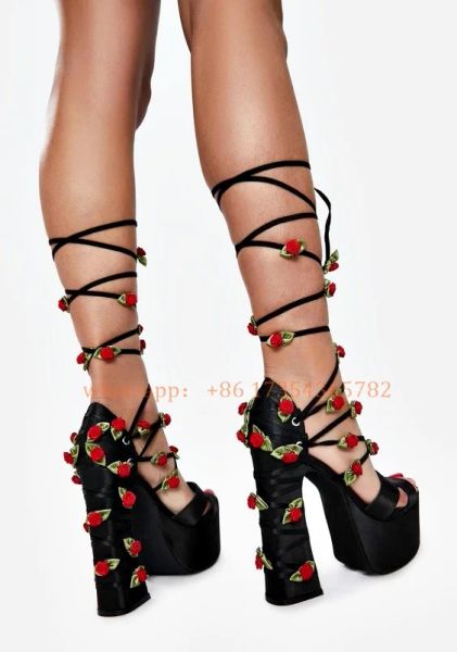 Sandálias Black Rose Garden Lace Up Plataforma saltos de saltos femininos Bandagem grama de calcanhar peep sandals de candals de verão