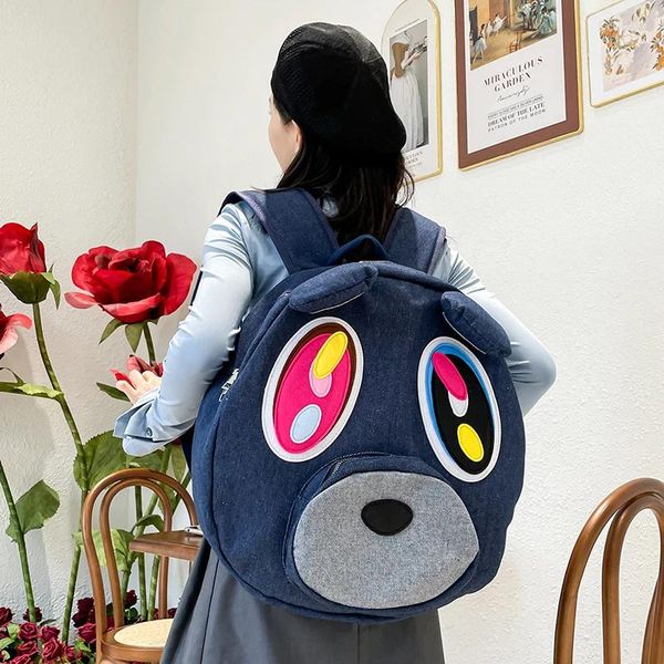 Mochila moda denim costura urso shoolbag bonito enorme capacidade zíper saco júnior estudantes do ensino médio dos desenhos animados lazer viagem