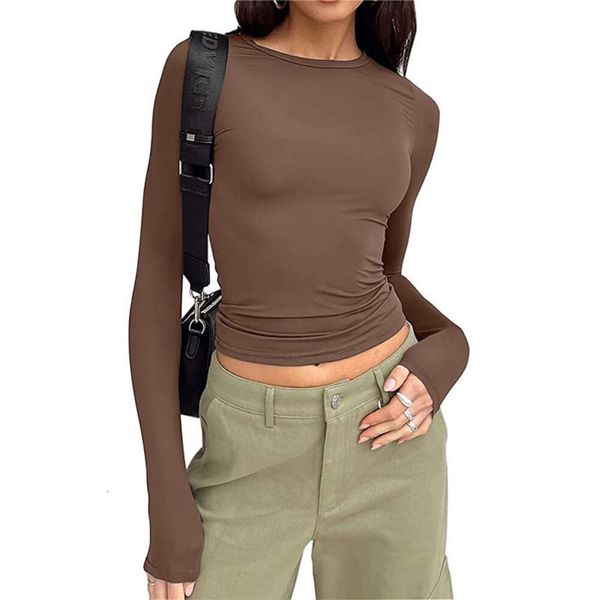 Casual manga comprida primavera e outono cor sólida fino encaixe pulôver camiseta feminina rua topo