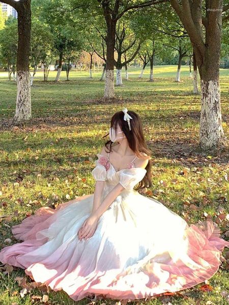 Vestidos de festa adulto lolita rosa vestido feminino outono flor casamento malha longa fada princesa cosplay