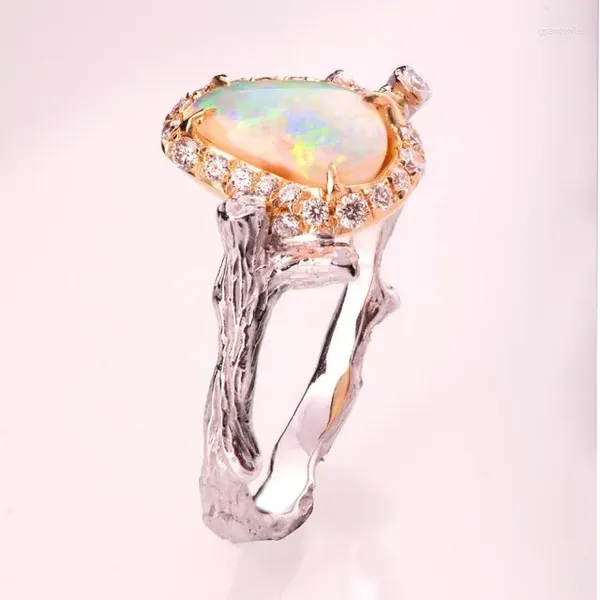 Com pedras laterais hainon elegante ramo folhas opala anéis para mulheres cor prata anel de noivado 2024 luxuoso zircão jóias presentes