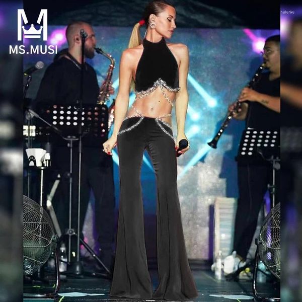 Kadınlar iki parçalı pantolon msmusi 2024 moda kadınlar seksi elmas kristal bandaj seti bodycon parti yular kolsuz üst uzun pantolon takım elbise