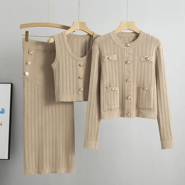 Arbeit Kleider 2024 Frühling Hohl Gestrickte Anzüge Elegante 3 Stück Kleid Set Frauen Outwear Korea Mode Pullover Weibliche