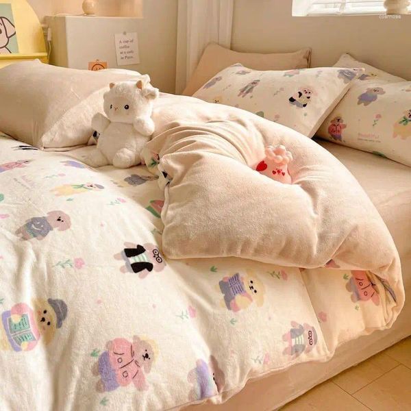 Set di biancheria da letto Kawaii Ragazze Bambini Inverno Caldo Copripiumino 4 pezzi Set Addensare Trapunta di Velluto Lenzuola e federe Full Size