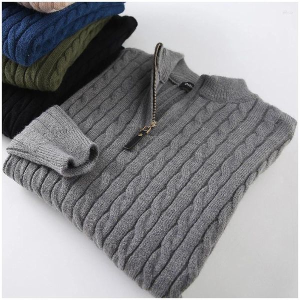 Suéter masculino outono inverno grosso suéter de malha para homens de meia-idade e jovens meio zíper retro canto macio quente casual jersey jumper