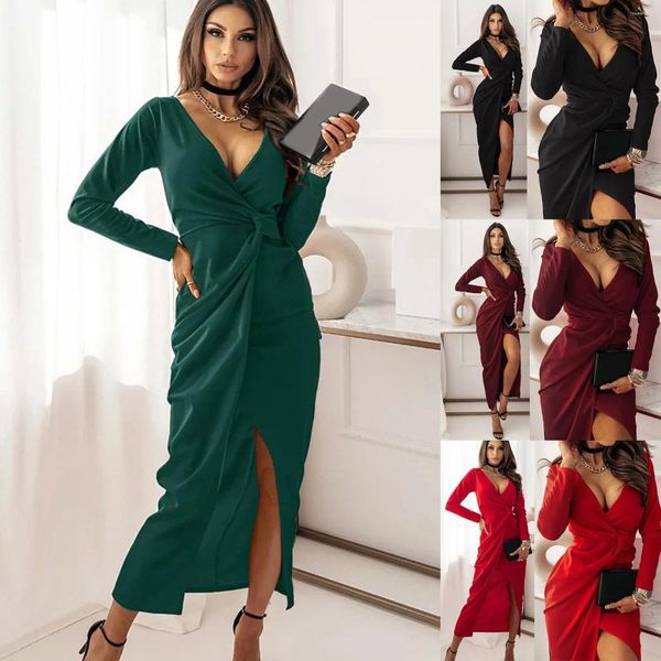 Abiti casual sexy scollo a V formale per gli invitati al matrimonio autunno inverno solido manica lunga divisa abito da sera elegante da sera per donna