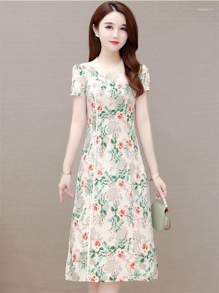 Abiti da festa Stampa vintage Abito Qipao 2024 Moda estiva Slim Manica corta A-Line Chiffon Lungo stile cinese Cheongsam Robe Femme