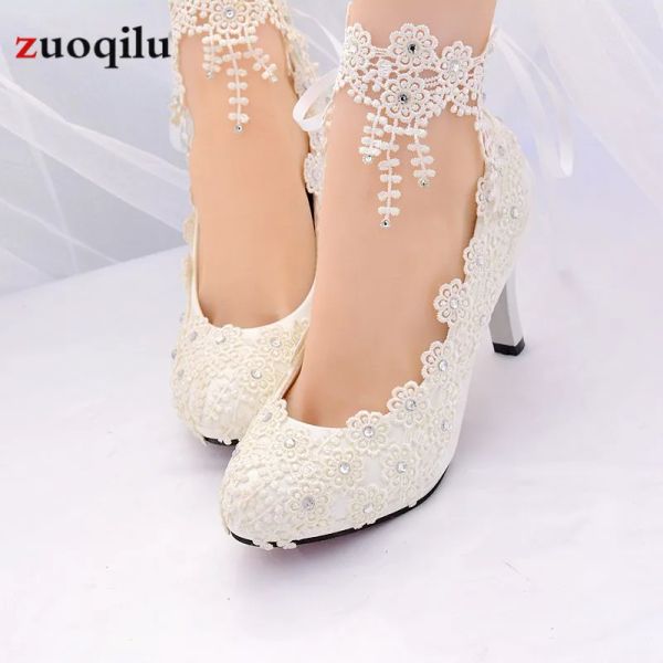 Pompa Scarpe da sposa con tacchi alti bianchi Donna Scarpe da sposa in pizzo Flowal Teli Scarpe da donna Pompe Tacchi 4,5/8 cm di grande dimensione