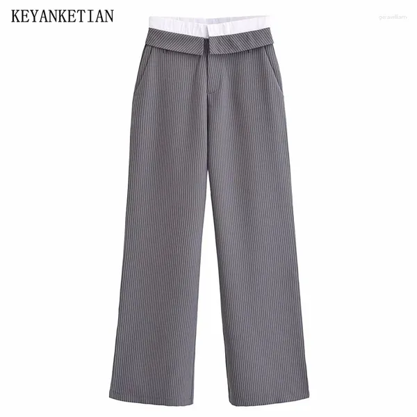 Pantaloni da donna KEYANKETIAN 2024 Lancio Patchwork Impreziosito Tasche alla moda a righe a vita alta Pantaloni larghi a gamba dritta