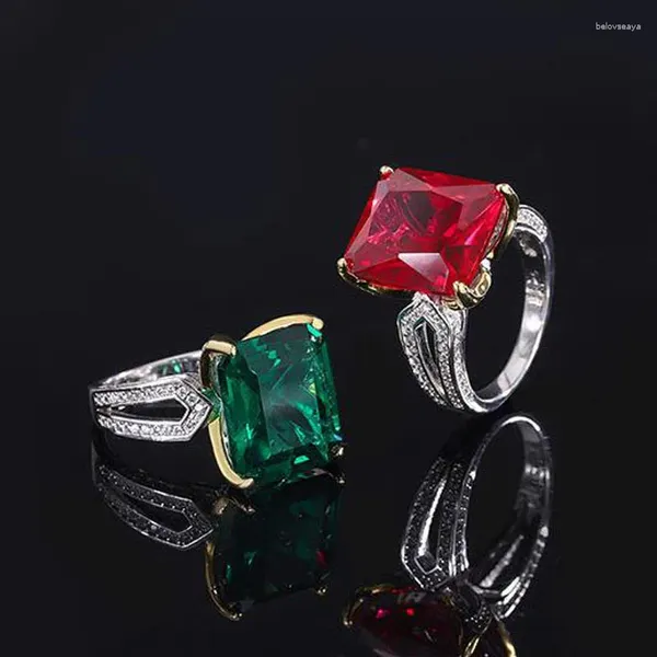 Anéis de cluster 925 prata 12/14mm rubi e esmeralda pedra preciosa sintética alto carbono diamante festa de casamento jóias finas presentes