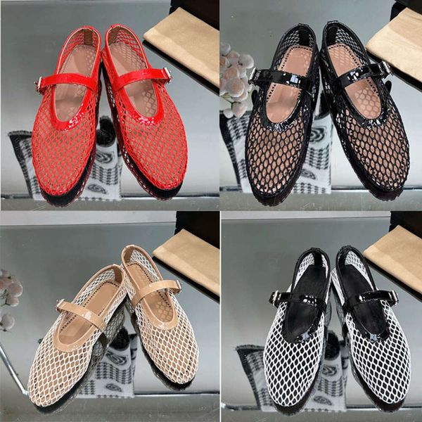 Kadın Fishnet Bale Daireler Ayakkabı Tasarımcısı Sandal Siyah Kumaş Noktalı Ayak Parçası Klasik Moafers Toka Sabitleme Sıradan Ayakkabılar 505