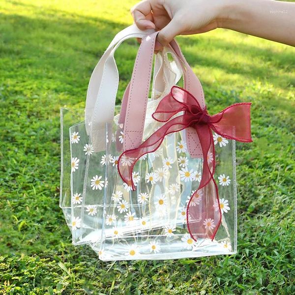 Confezione regalo Sacchetti di fiori margherita trasparenti con manico Nastro Matrimonio Compleanno Trasparente Bomboniere Borsa Shopping Forniture per feste