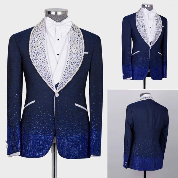 Herrenanzüge, glitzernd, maßgeschneidert, 3-teilig, Blazer, Weste, schwarze Hose, Ein-Knopf-Bräutigam, transparentes Revers, Diamanten, Perlen, maßgeschneidert, Übergröße