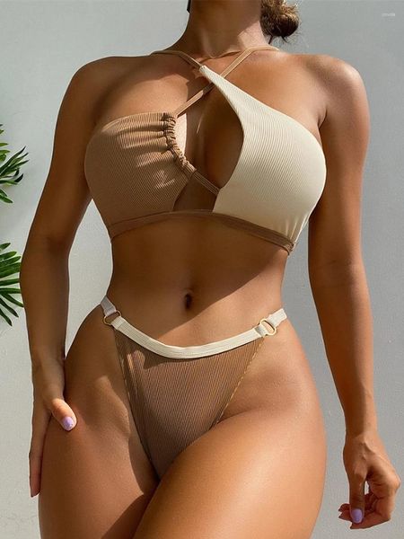 Damenbadebekleidung Front Cross Bikini 2024 Frauen Ring Link Badeanzug gerippt Sexy weibliche Badegäste Baden Schwimmen Badeanzug Beachwear