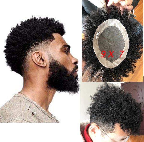 Toupees 2021 Novo penteado Afro Curly Toupee Men Toupee Substituiy Systems Black Curl Human Hair Toupe para homens negros 8''x6''Base