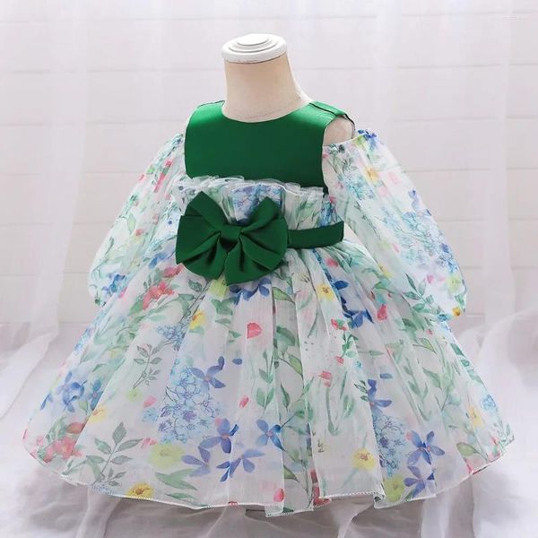 Mädchenkleider, grüne Schleife, Weihnachtskleid für Babys, mit Blumenmuster, langärmelig, Prinzessinnenparty, perfekt für 1. Geburtstage und Taufen