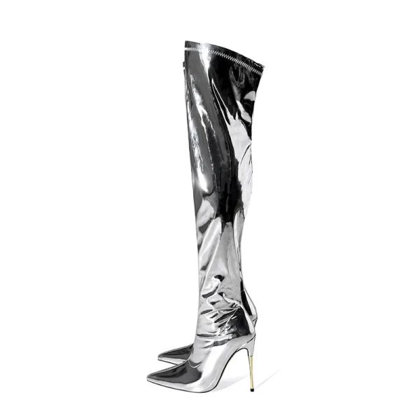 Сапоги Mkkhou Fashion Over коленные ботинки. Женские новые высококачественные металлические металлические тонкие каблуки сексуальные ботинки бедра современные зимние серебряные ботинки