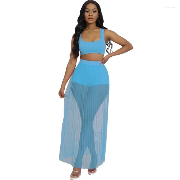 Vestidos de trabalho moda sexy roupas femininas colete saia shorts de três peças praia transparente plissado malha terno