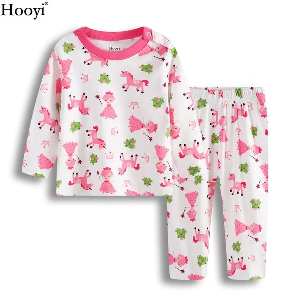 Hooyi rosa princesa bebê menina roupas conjuntos infantil pijamas terno tshirt calças cavalo meninas pijamas 100% algodão 240325
