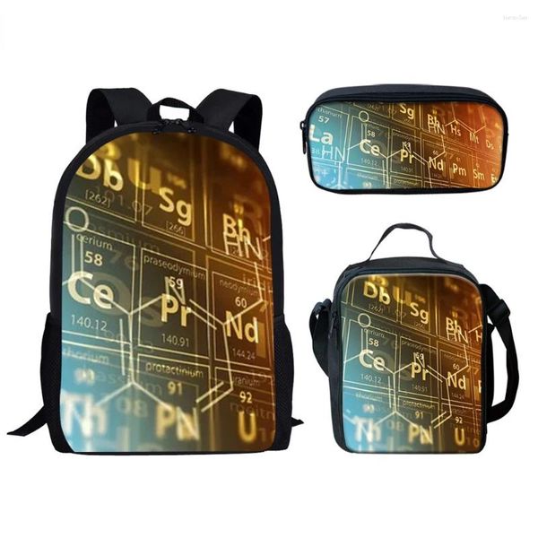 Mochila na moda criativa química fórmula 3d impressão 3 pçs/set alunos sacos de escola portátil daypack almoço saco lápis caso