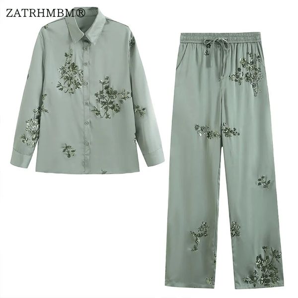 ZATRHMBM 2023 Damenmode-Pailletten-Satin-Hemd und Kordelzug-Hose mit hoher Taille, schicker Jugend-Urlaubsanzug 240326