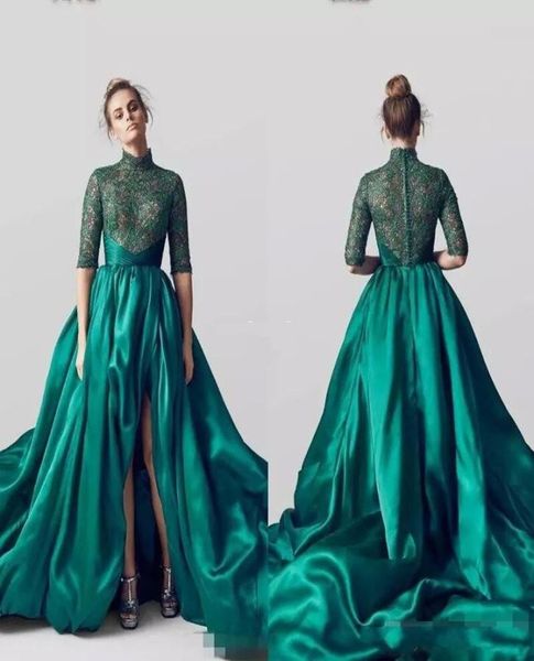 Verde esmeralda longo trem vestidos de noite 2019 longo alta perna dividir vestidos formais feminino vintage verde vestido de baile 8374738